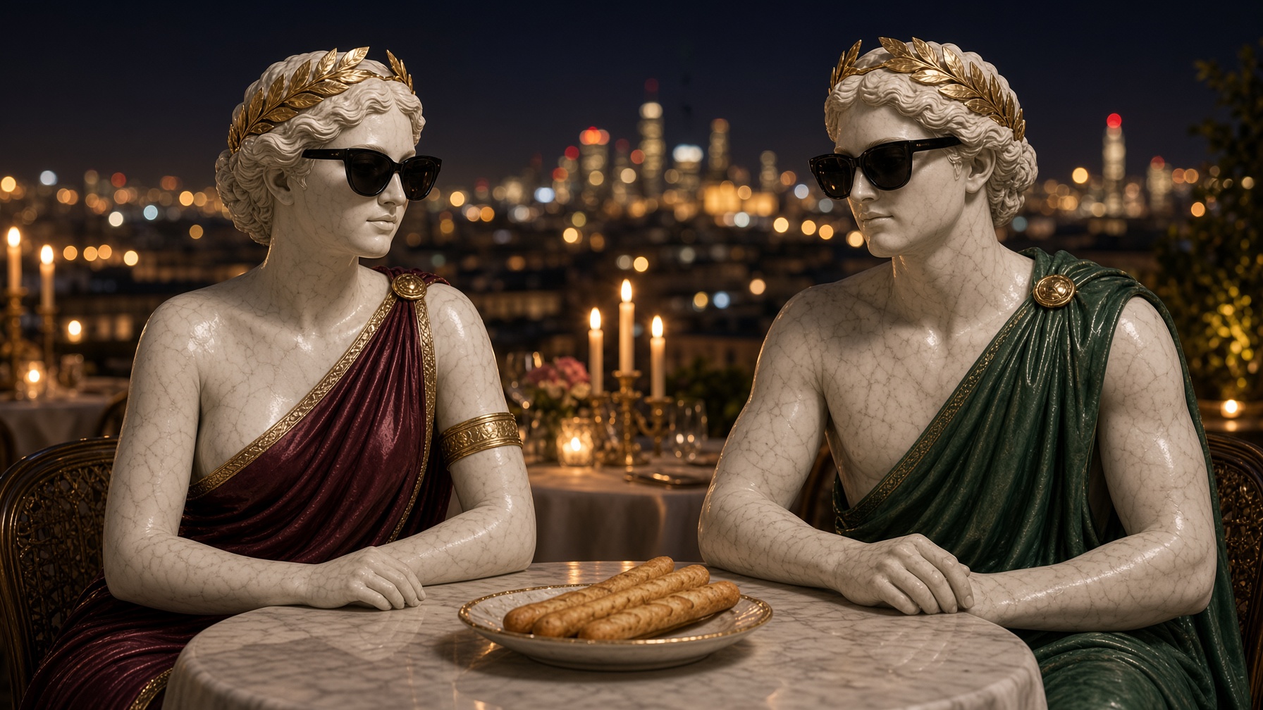 The two marble statues at a candlelit rooftop table, sunglasses still on