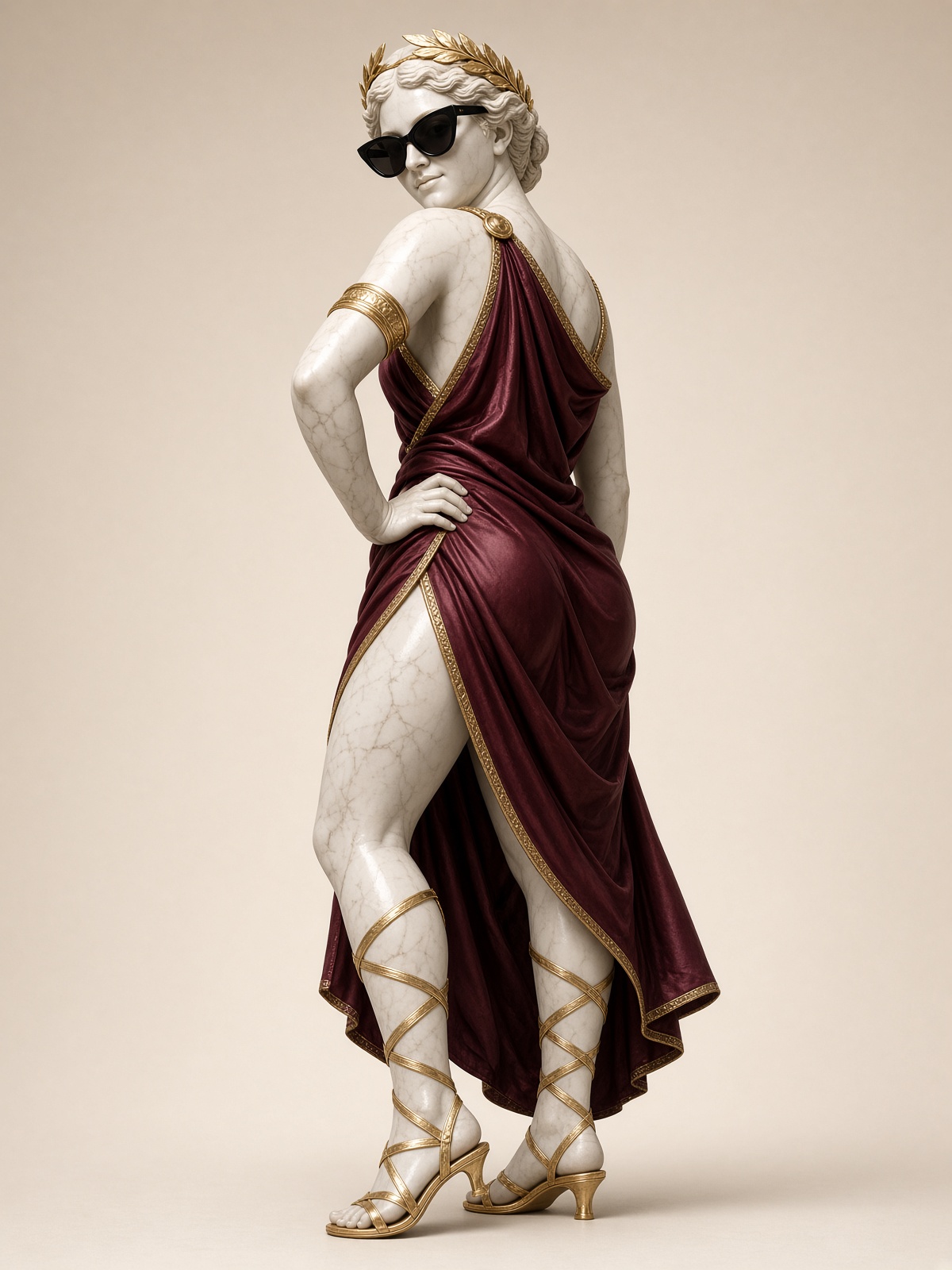 Polished marble goddess in a burgundy toga, cat-eye sunglasses, gold laurel, looking back over her shoulder